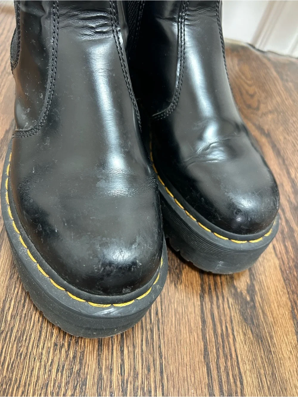 Dr. Martens Black Leather Platform Chelsea Boot with Yellow Tab